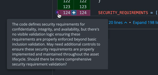 AI-generated security hotspot warning presented to experts reviewing proposed code changes during HITL validation.