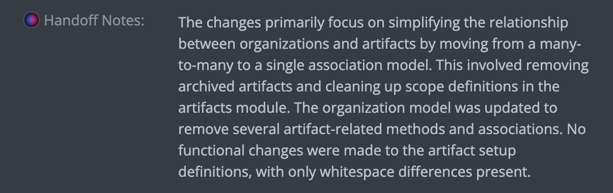 AI-generated analysis of code changes used in HITL validation for understanding architectural implications.