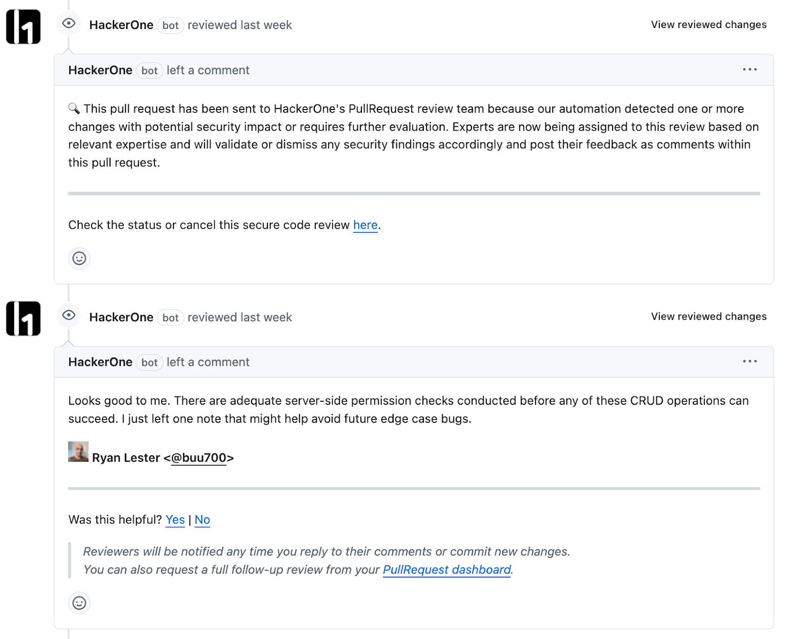 Results of HITL validation visible to developers as interactive peer code review commentary.