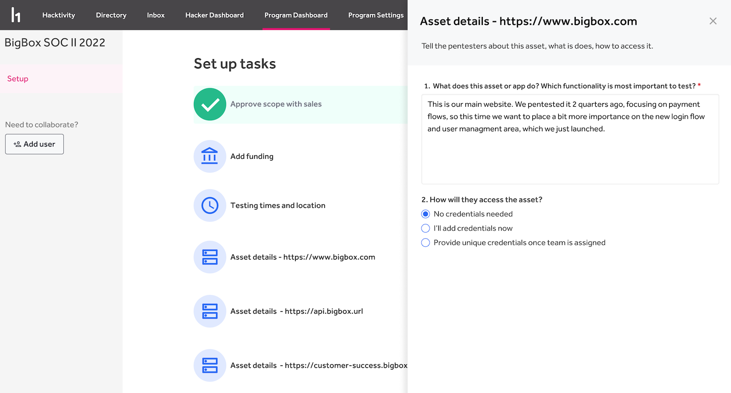 HackerOne Assessment Self Service Setup Form