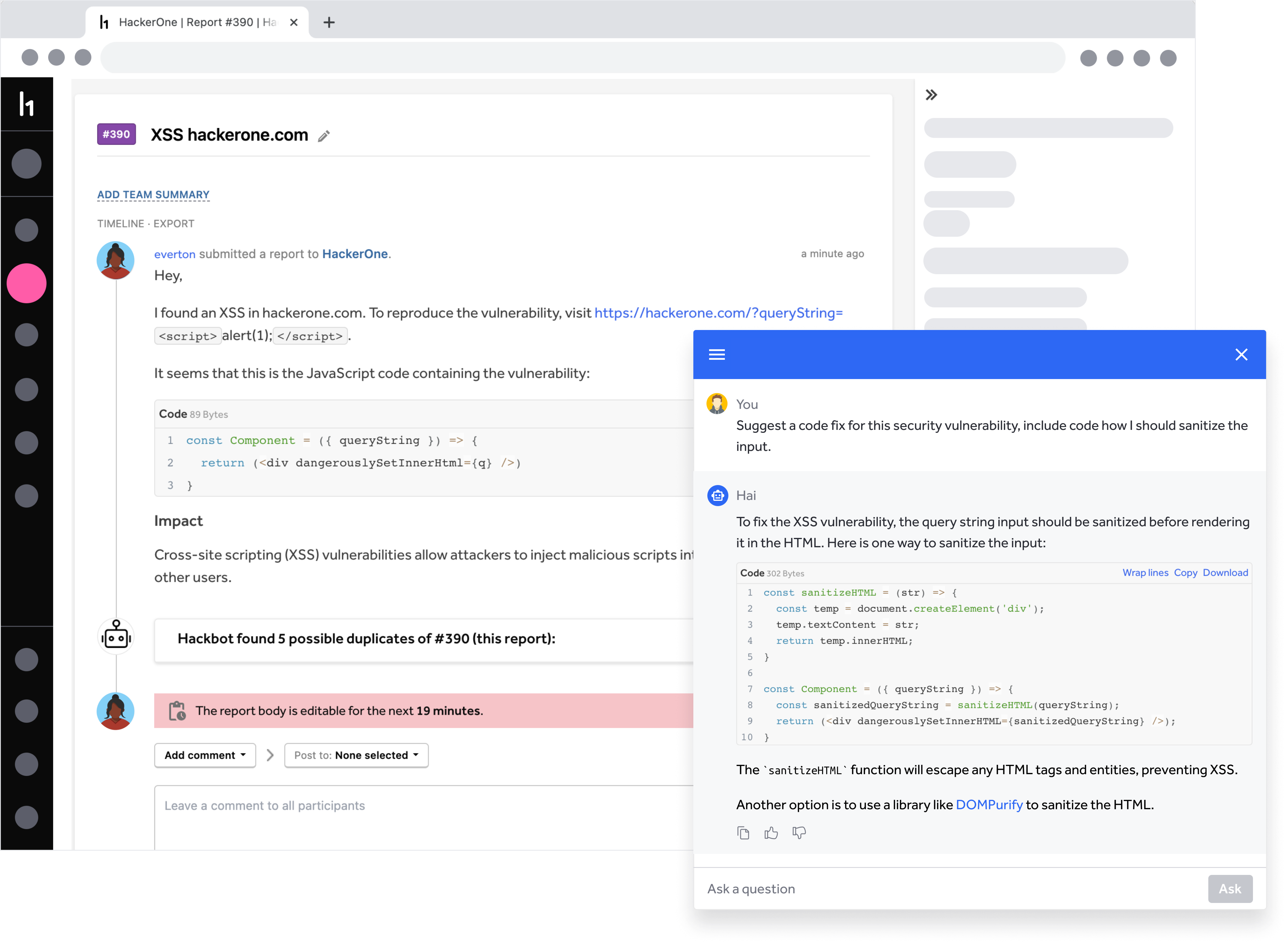 HackerOne AI providing vulnerability remediation advice