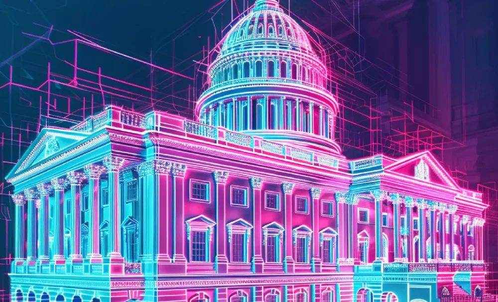 The blue and pink image of the US Capital Building