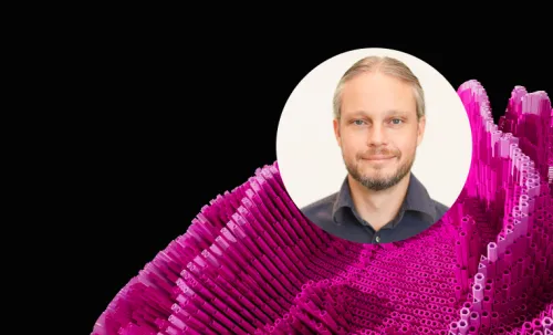 HackerOne CISO Chris Evans in front of an abstract pink pixelated mountain